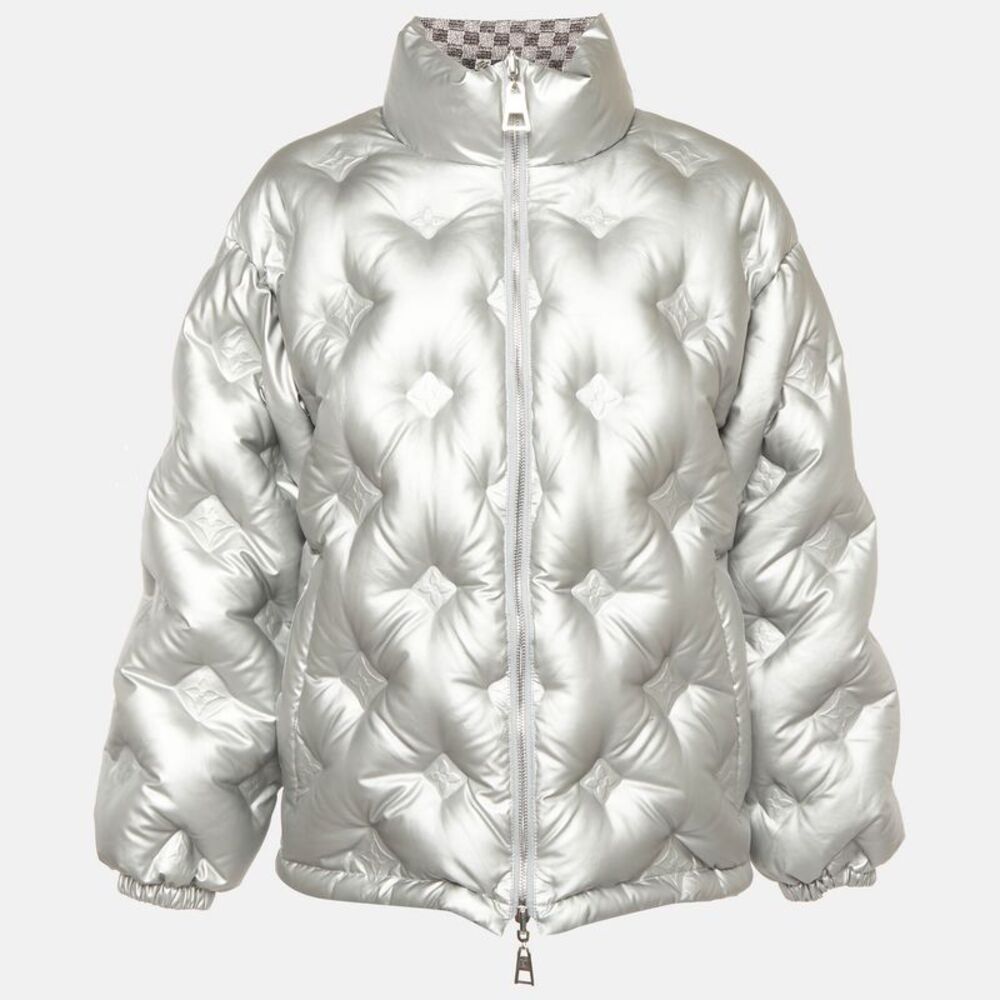 Louis Vuitton Metallic Grey Logo Embossed Cotton Reversible Down Jacket S